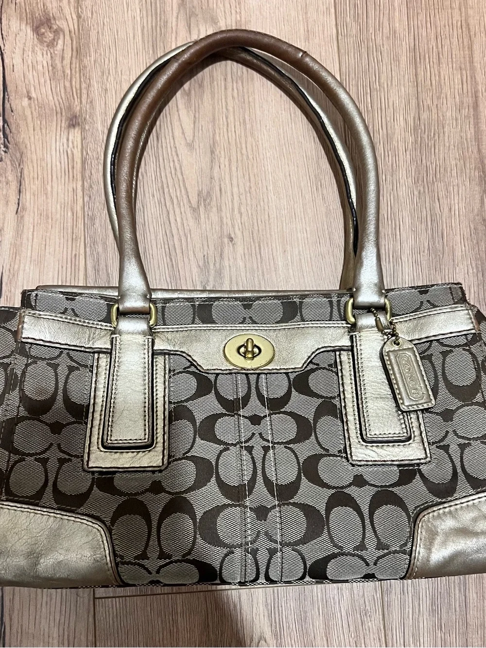 Vintage Coach Beige Gold Canvas And Leather Hampton Tote